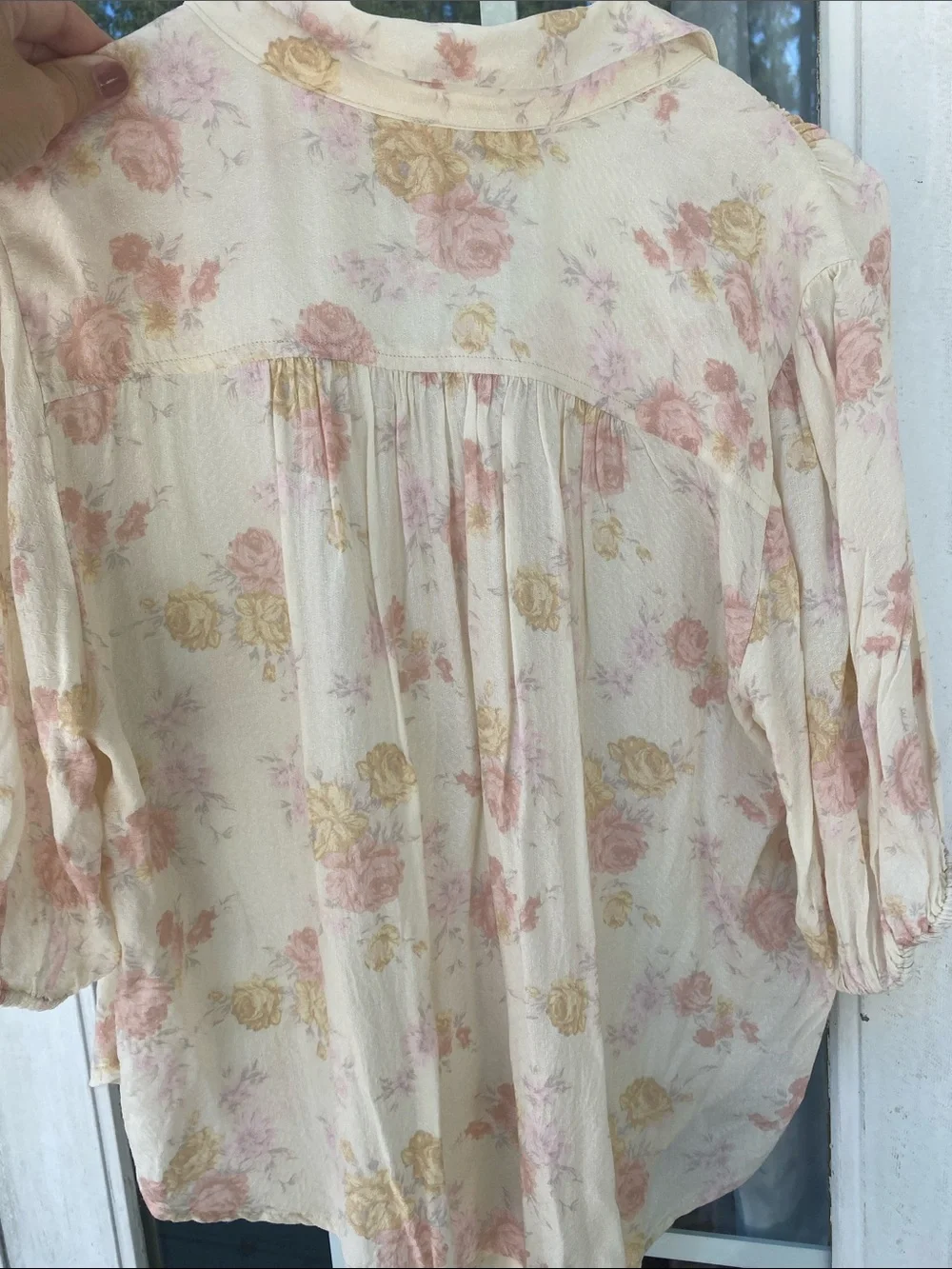 Free People Cream Button-Down Shirt with Pink & Yellow Floral Tye Front